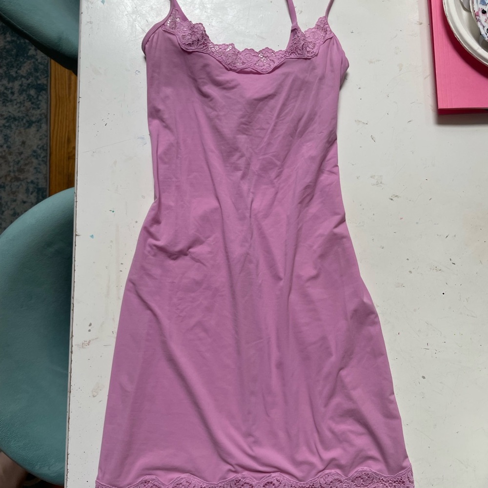 SKIMS Pink Satin Chemise with Spaghetti Straps